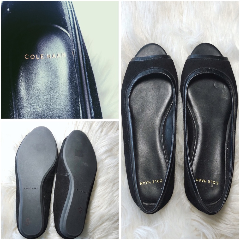COLE HAAN OPEN TOE PEEPTOE SUEDE AND LEATHER FLATS